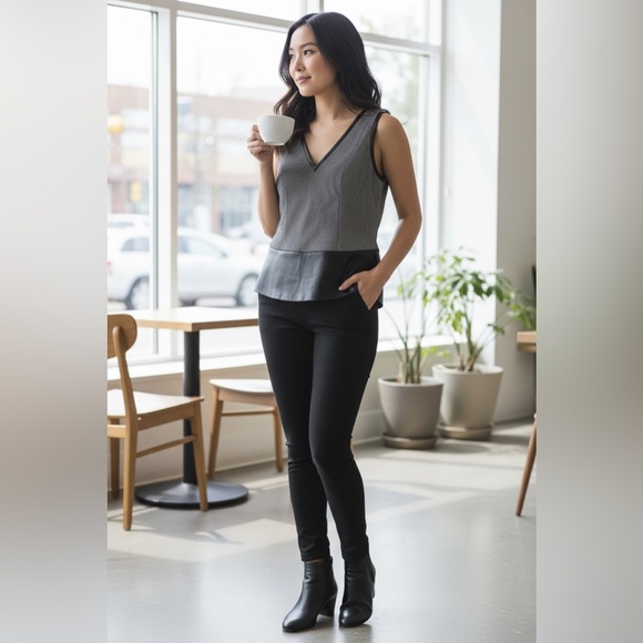 NWOT -Robert Rodriguez Black Mesh & Genuine Leather Sleeveless V-Neck Peplum Top - Picture 1 of 7